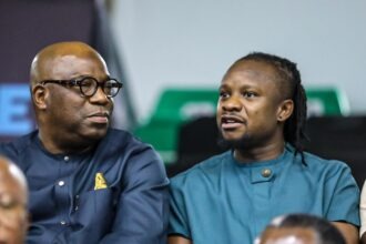 Photo: President, ITTF Africa, Wahid Enitan Oshodi (left) with former Super Eagles star, Ogenyi Onazi during the final of the 2025 ITTF Africa West Regional Championships in Lagos...at the weekend